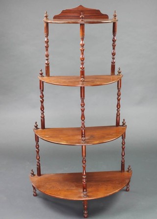 A Victorian style rosewood D shaped 4 tier what-not raised on turned supports 123cm h x 69cm x 32cm, 60cm x 27cm d, 52cm w x 22cm d and 44cm x 20cm  