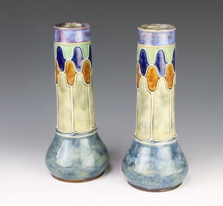 A pair of Royal Doulton tapered vases with bulbous bases and geometric decoration 26cm 