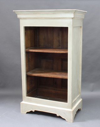 A Continental style grey painted bookcase with moulded cornice raised on bracket feet 158cm h x 93cm w x 53cm d