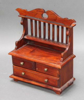 An Eastern hardwood box with raised grilled back and recess fitted 2 short and 1 long drawers 49cm h x 40cm w x 19cm d 
