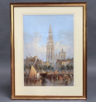A 19th Century watercolour, Continental canal with cathedral 64cm x 44cm 