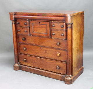 A Victorian mahogany Cumberland style chest fitted a secret drawer with 1 long drawer flanked by 4 short drawers above 3 long drawers with columns to the sides 116cm h x 127cm w x 56cm d  
