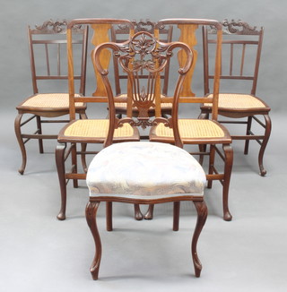 An Edwardian mahogany dining chair with pierced vase shaped slat back together with a pair of Edwardian carved mahogany stick and rail back bedroom chairs with woven cane seats and a pair of Queen Anne style slat back bedroom chairs with woven cane seats and 1 other bedroom chair (6) 