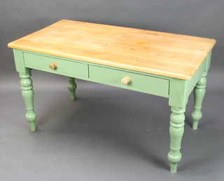 A rectangular pine table with apple green painted base, fitted 2 frieze drawers with tore handles 77cm h x 137cm l x 74cm d 