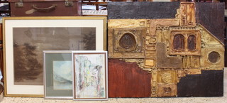 Fade, a mid 20th Century plaster wall sculpture 62cm x 76cm, a watercolour drawing study of a mountain loch with fishing boat 18cm x 26cm, S Weite gouache impressionist drawing 28cm x 18cm and a pair of 19th Century monochrome prints "Warwick Castle" and "Kenilworth Castle"  37cm x 53cm 