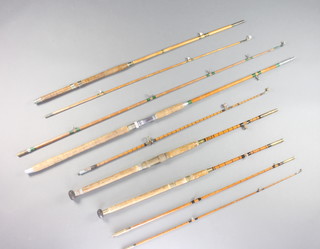 A Hardy split cane 3 section sea fishing rod, a twin section split cane sea fishing rod and 2 others 
