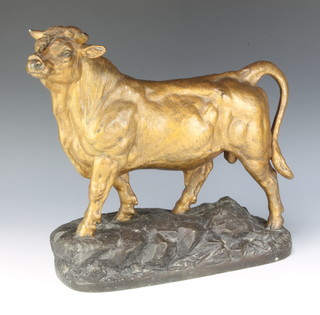 RARVE?, a 19th Century gilt painted spelter figure of a standing bull on rocky outcrop 35cm x 38cm x 15cm 