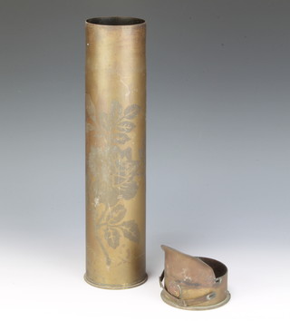 A First World War trench art ashtray in the form of a peaked cap and formed from a 1917 Continental shell (button from the chin strap is missing) together with a WWI trench art vase formed from a  shell case 