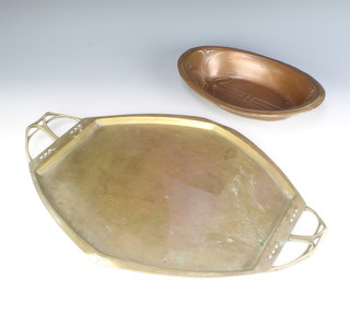 A Continental Art Nouveau embossed copper boat shaped dish 5cm x 32cm x 20cm together with a shaped pierced copper twin handled tray (formerly silver plated) 56cm x 40cm 