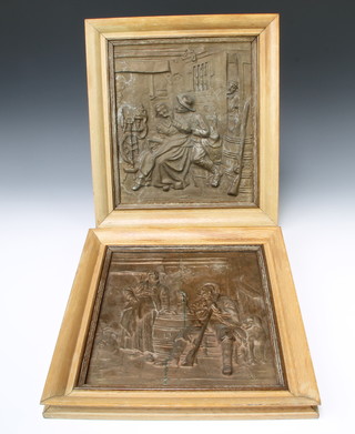 A pair of 19th Century Continental bronze plaques depicting tavern scenes with seated figures 28cm x 24cm contained in oak frames 