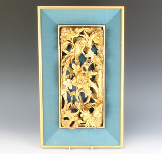 A Chinese deeply carved and painted giltwood panel 46cm x 47cm 