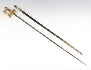 Hobson & Sons of Lexington Street London, a 19th Century court sword with gilt grip and leather scabbard (f) contained in a leather cloth bag 