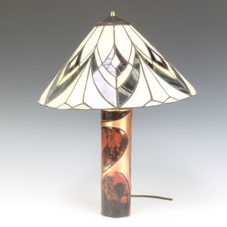 Sam Fanaroff, Guild of Sussex Craftsmen,  a cylindrical copper and enamelled table lamp with Liberty style shade 