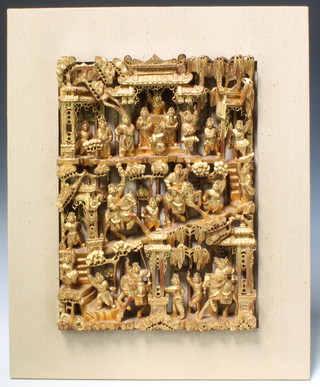 A Chinese deeply carved gilt painted hardwood panel depicting horsemen 22cm x 18cm 