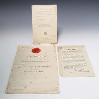 A copy of The Buckingham Palace Peace Declaration 25cm x 15cm and one volume of dispatches of Field Marshall Sir Douglas Hague covering the period 8th December 1917 - 30th April 1918, together with a Board of Trade list of officers of the department now serving in His Majesty's Forces November 1914 
