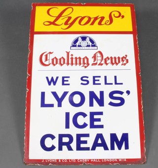 A J Lyons & Co Ltd 1930's enamelled advertising sign - Lyons' Cooling News, We Sell Lyons' Ice Cream 90cm x 57cm 