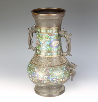 A 19th century Japanese bronze and cloisonne enamelled club shaped twin handled vase 36cm h x 20cm w 