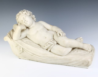 A Victorian carved marble sculpture of a reclining sleeping child on a draped bench 26cm h x 59cm w x 25cm d 