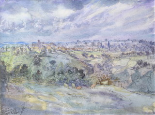 Beril Robert, watercolour signed, a landscape view with distant village 28cm x 37cm 