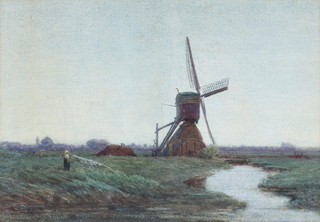 Watercolour, unsigned, Dutch landscape with figure before a windmill 30cm x 42cm 