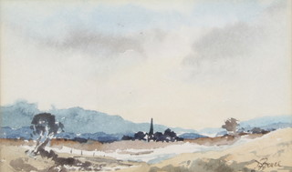 Duncan Bruce, watercolour signed, rural study with distant buildings 8cm x 13cm 