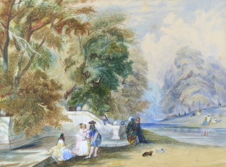 19th Century watercolour unsigned, a study of 18th Century figures beside a river in a wooded landscape 19cm x 27cm 