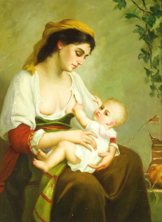 19th Century Continental oil on panel, a mother holding a baby in her lap 39cm x 29cm 