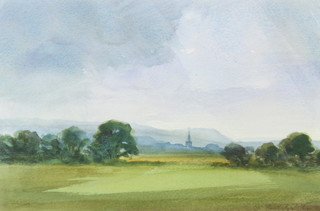 Watercolour, indistinctly signed, Downland landscape with Chichester Cathedral in the Distance, 16cm x 25cm 