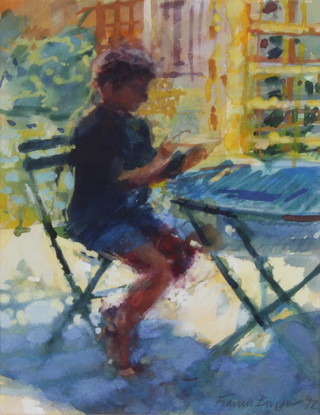 Francis Bowyer '92, watercolour, study of a child sitting at a table 25cm x 20cm 