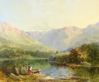 19th Century oil on canvas unsigned, a Scottish landscape with figures beside a loch 49cm x 60cm 