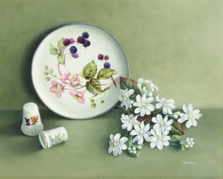 Pat Foad RBS, oil on board signed, still life study with flowers, dish and 2 thimbles 19cm x 24cm 
