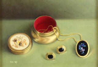 Pat Foad RBS, oil on board, still life study of a trinket box, necklace and earrings 11cm x 16cm 