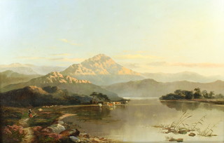 S R Percy, oil on canvas, extensive Scottish landscape with figure and animals beside a loch with distant mountains 57cm x 88cm
