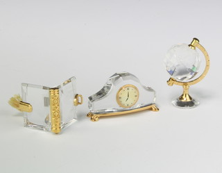 Three Swarovski Crystal Classics - a globe 4cm, mantel clock 4cm and an open book 3.5cm, boxed