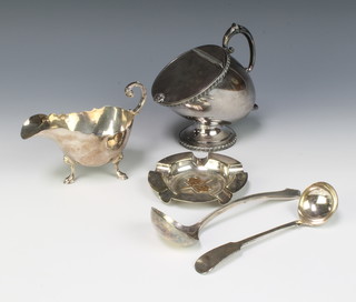An Edwardian silver plated sugar coal scuttle and scoop by Walker and Hall and minor items 