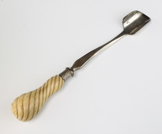 A 19th Century silver plated stilton scoop with turned ivory handle
