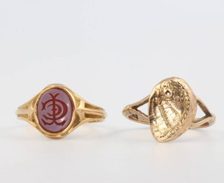 A 15ct yellow gold hardstone set signet ring size R and a 9ct do. size O 