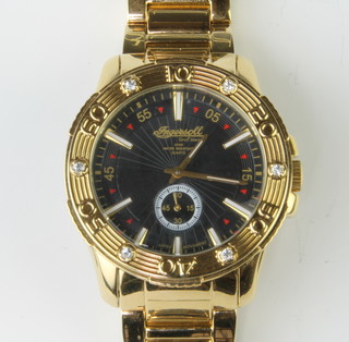 A gentleman's gilt cased Ingersoll Gems Marine wristwatch with subsidiary dial on a gilt bracelet, boxed 