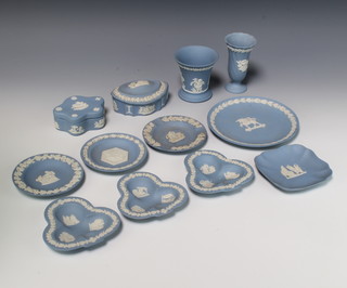 A Wedgwood blue Jasper tapered vase 8cm, 1 other, 2 boxes, a dish and 7 small dishes