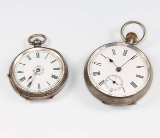 An 800 standard mechanical pocket watch with seconds at 6 o'clock and an Edwardian lady's silver fob watch with enamelled dial 