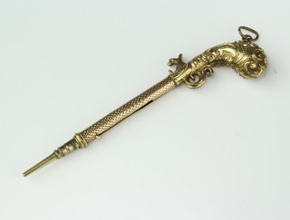 A gold plated propelling pencil in the form of a flint lock pistol with later barrel 
