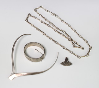 A silver necklace, bangle, collar and ring 134 grams