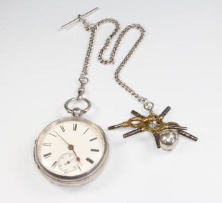 A silver cased keywind pocket watch with seconds at 6 o'clock on a do. Albert with silver Masonic ball pendant 