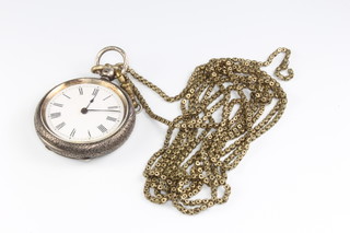 A lady's silver key wind fob watch on a gilt chain 