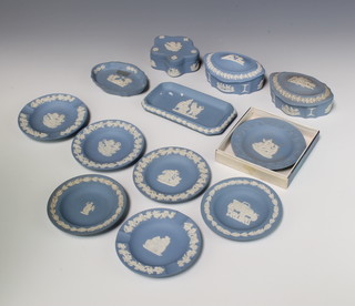 A Wedgwood blue Jasper rectangular dish 15cm, 3 boxes and 8 dishes
