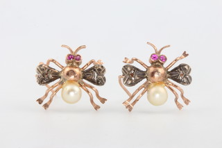 A pair of yellow gold gem and pearl set bee ear studs 