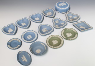 A Wedgwood blue Jaspereware box and cover, do. bowl and 13 dishes 
