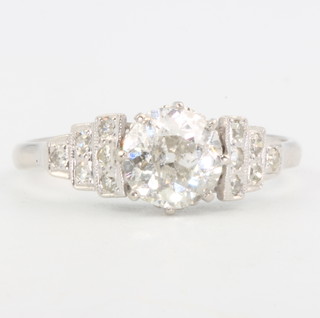 A white gold mine cut single stone diamond ring 1.13ct with brilliant cut shoulders size P 1/2