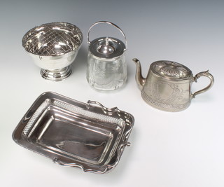 A cut glass biscuit barrel with plated mounts, a basket, teapot and bowl 