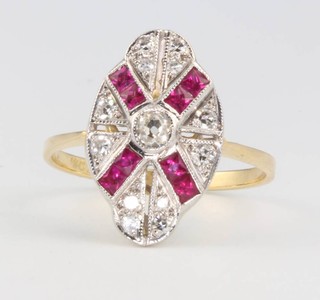 An 18ct yellow gold Art deco style ruby and diamond ring size O 